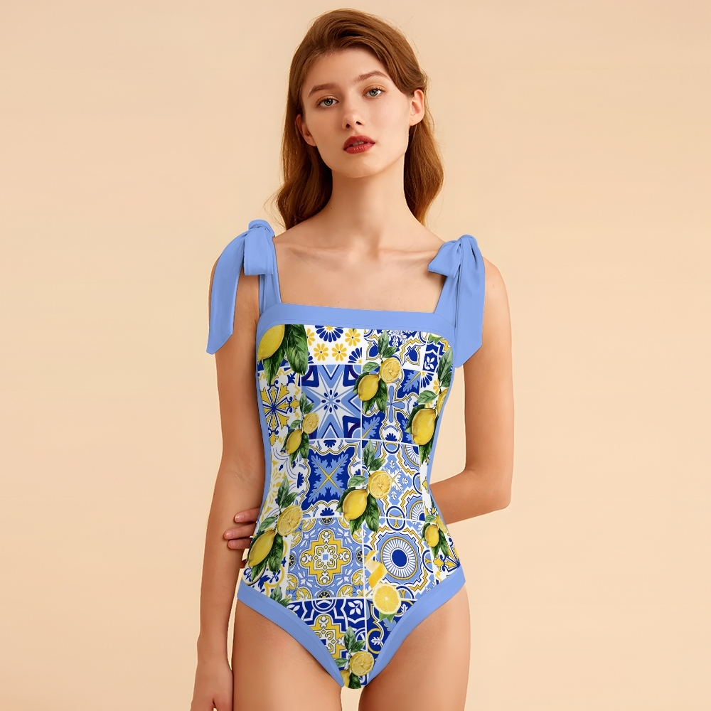 Sicilian lemons Tie-shoulder One Piece Swimsuit and Sarong or Skirt