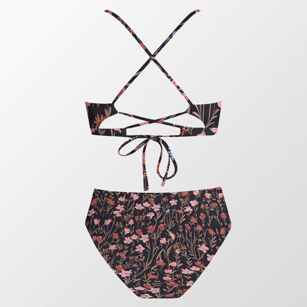 Scalloped Bikini Top High Waist Bottom and Sarong Three Piece Set