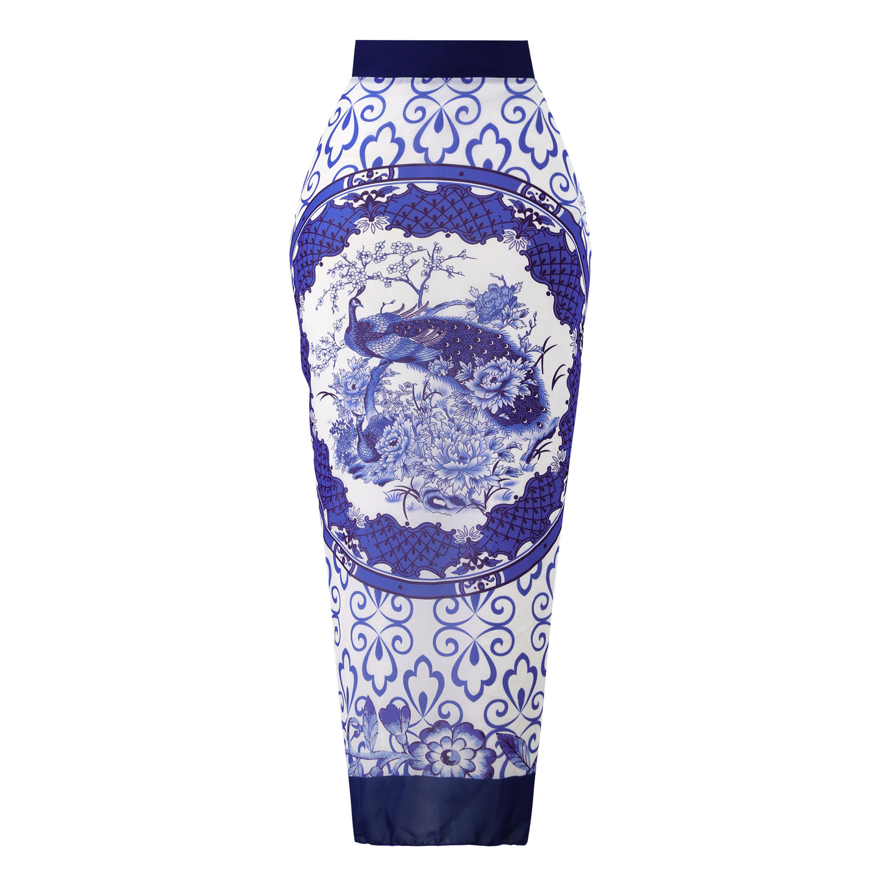 Women's Blue and White Porcelain Print One-Piece Swimsuit and Matching Maxi Skirt