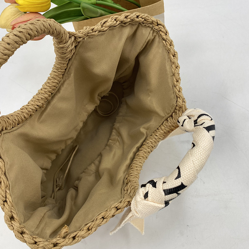 French-Style Woven Round Bean Tote Bag for Beach Vacations