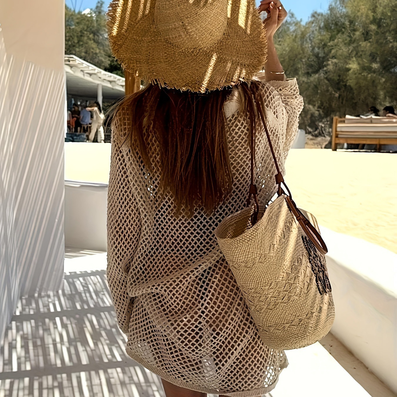 Beach Vacation Polo Dress with Small V Neck Hollow Out Sheer Long Sleeves