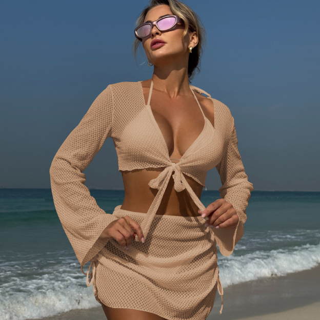 Sexy Halter Mesh Four Piece Bikini Swimsuit Including Sheer Cover Up and High Waist Mesh Skirt