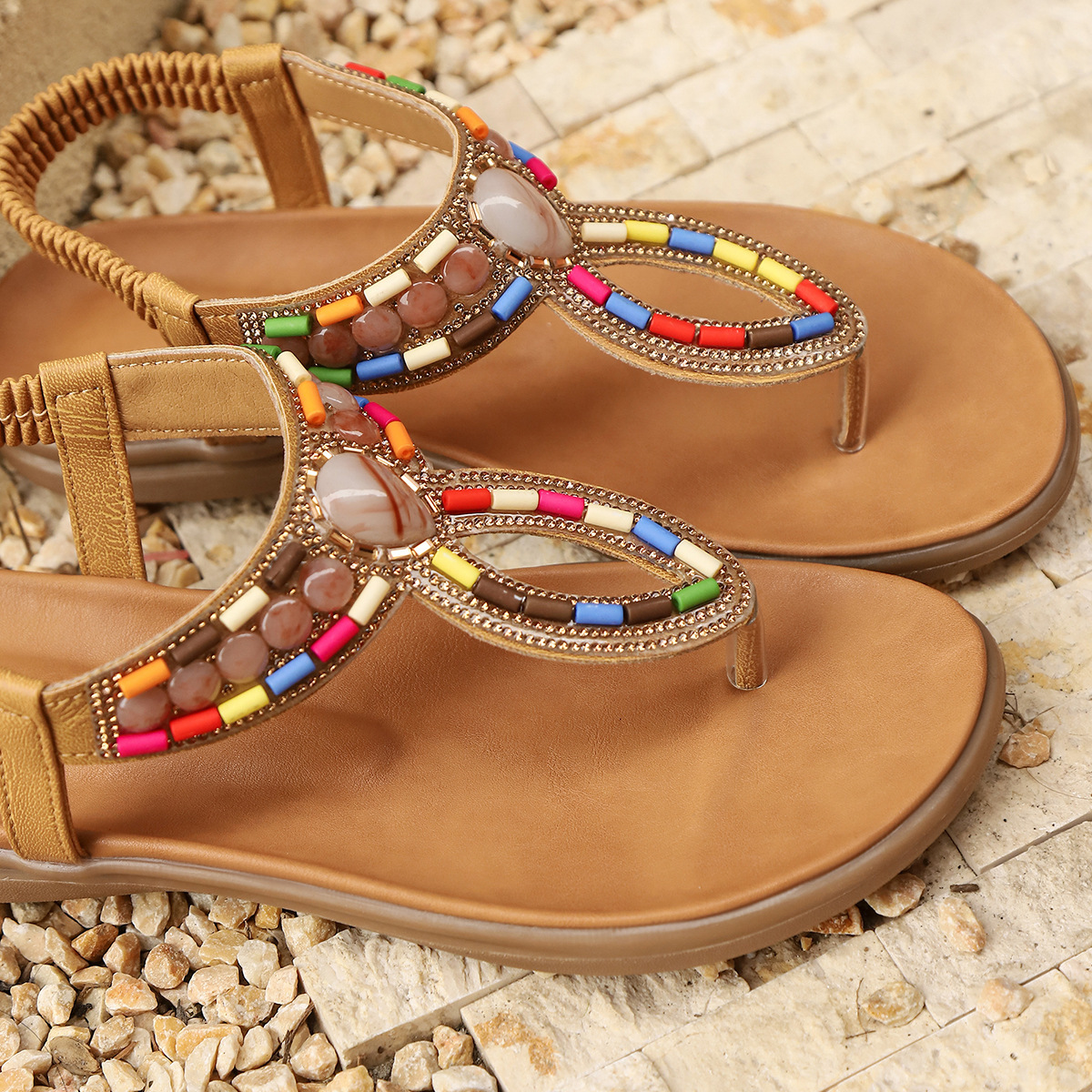 Bohemian Beaded Multicolored Thong Toe Flat Roman Gladiator Beach Sandals