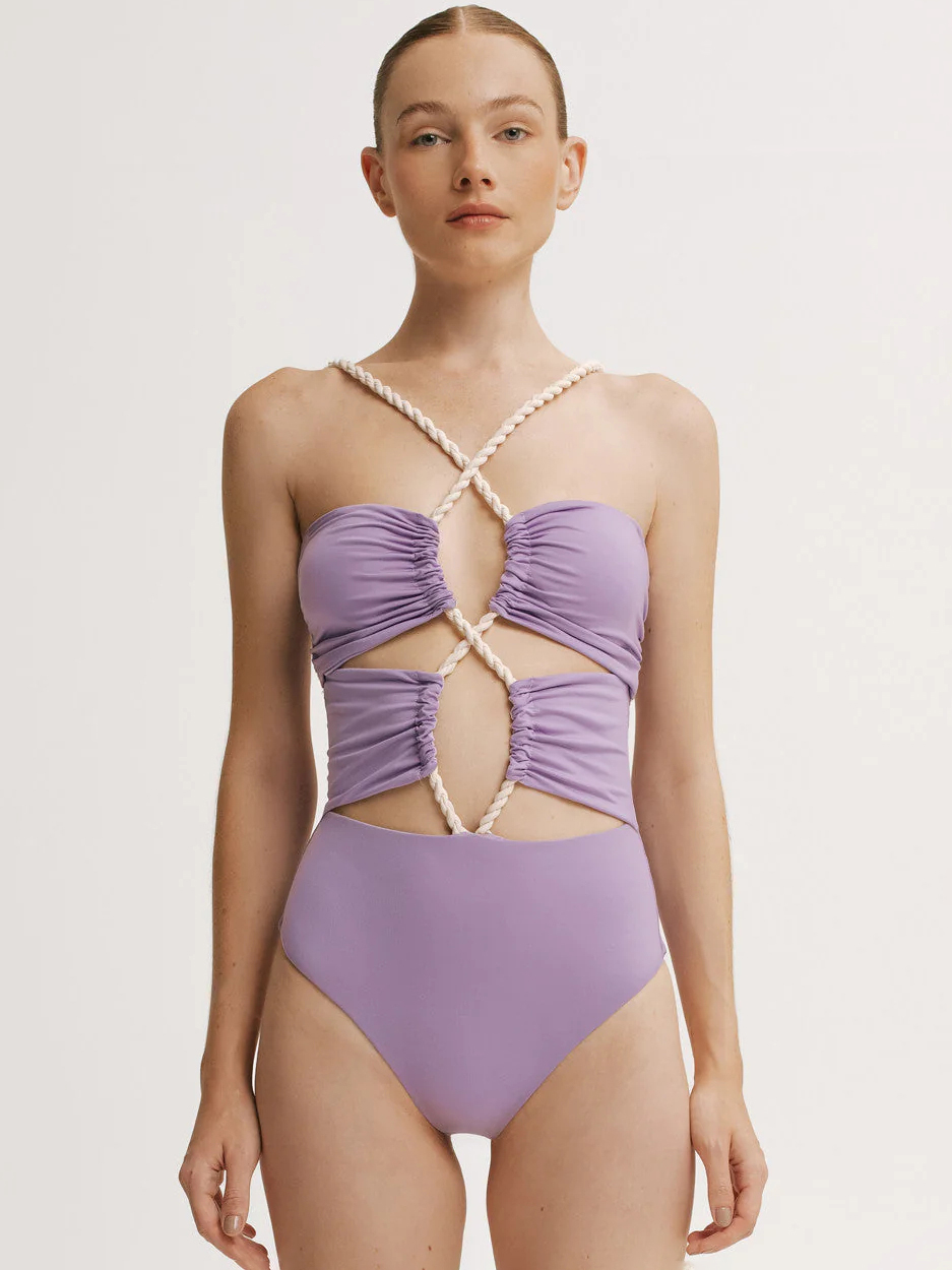 Purple Halter Neck Cut-Out One-Piece Swimsuit Set