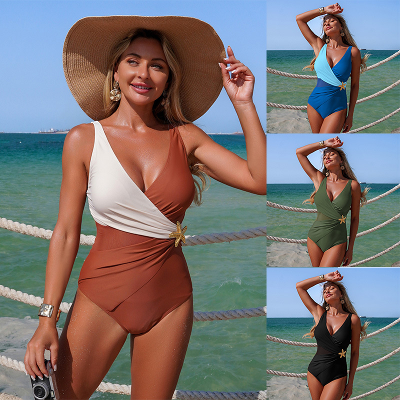Women's 2026 New Mesh & Color-Block One-Piece with V-Neck and Starfish Detail