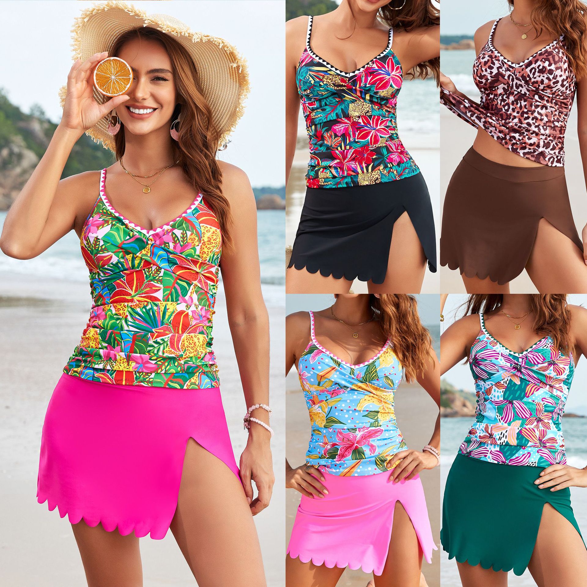 Tropical Print Tankini Set with Ruffle Skirt Bottom