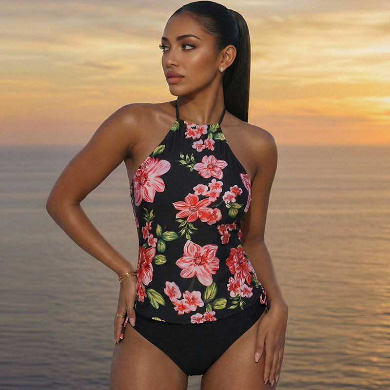 Tropical Print Tankini Set with Halter Top and Classic Bikini Bottoms