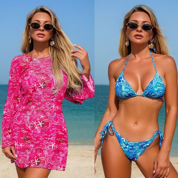2026 New Printed Halter Bikini 2-Piece Set with Long Sleeve Cover-Up