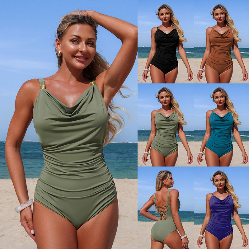 Women's 2026 New Solid Color V-Neck One-Piece Swimsuit