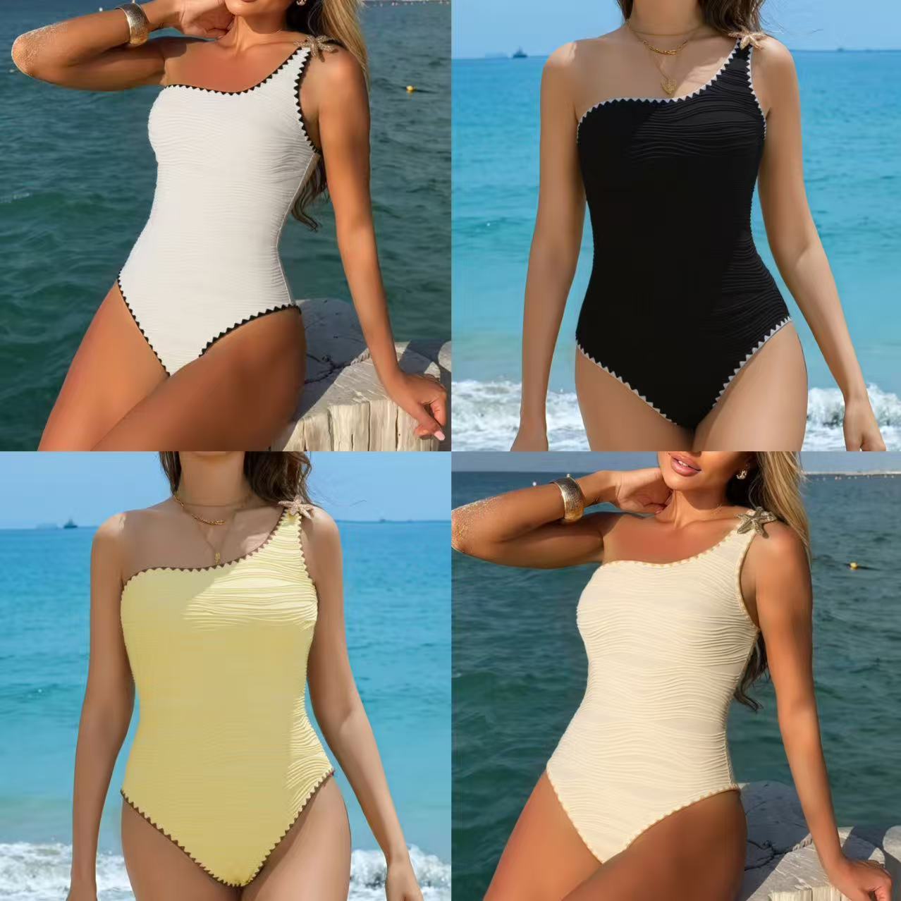 Women's Sophisticated One-Shoulder Solid Color One-Piece Swimsuit