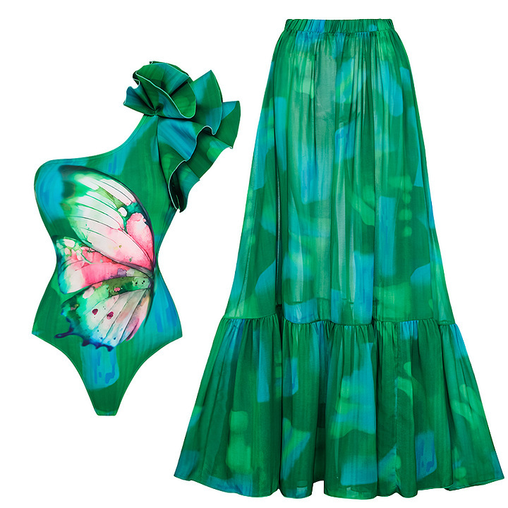 Women's One-Shoulder Ruffle Top with Butterfly Print One-Piece Swimsuit with Skirt
