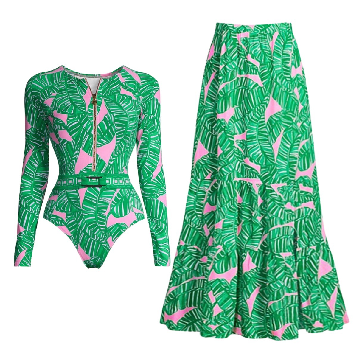 Women's New Long Sleeve Zip-Front Swimsuit with Green Print One-Piece Swimsuit with Skirt or Shorts
