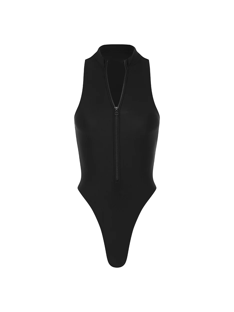 Zippered Sleeveless One-Piece Swimsuit Black