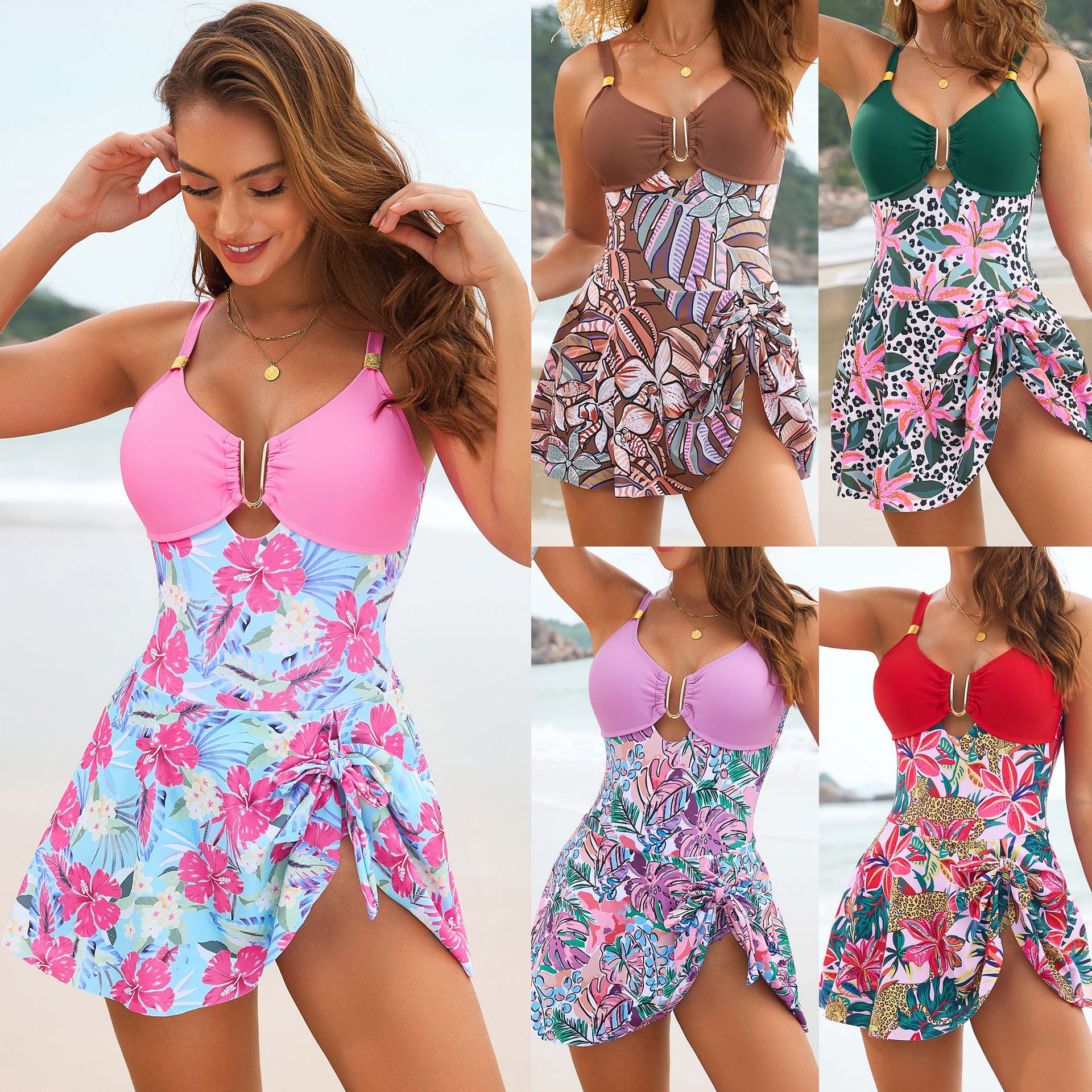 Women's 2026 New Color-Block Tropical Botanical Print Skirted Swimwear Set