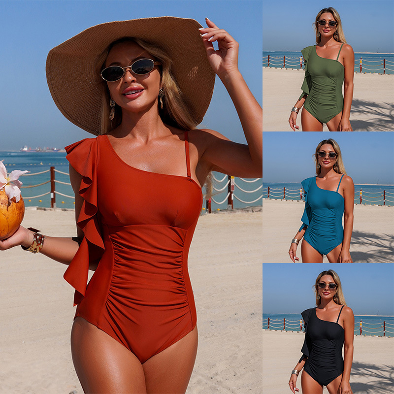Women's 2026 New Solid Color One-Shoulder Ruffle Style One-Piece Swimsuit