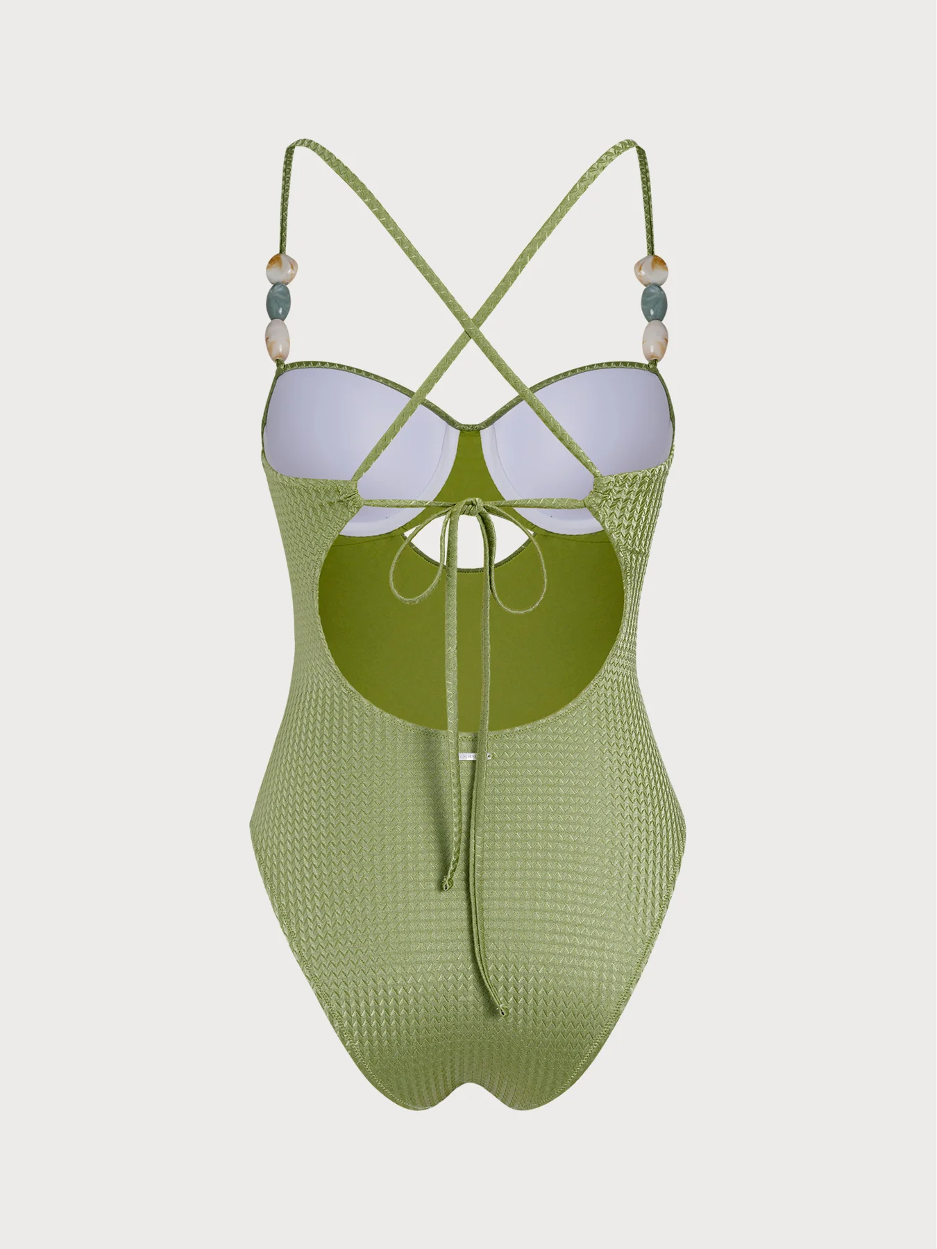 Avocado Green Textured Shell Beaded Strap Twist Swimsuit