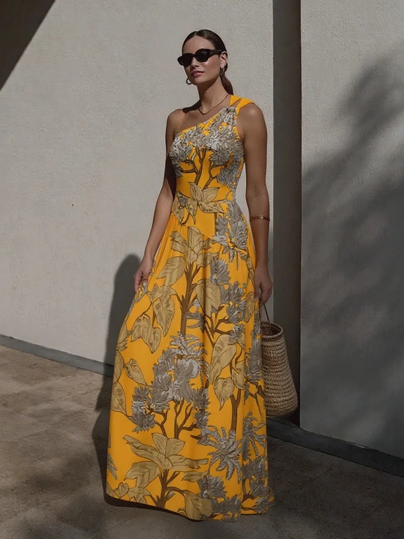 Botanical Leaf Yellow Printed Swimsuit & Cover-Up Set