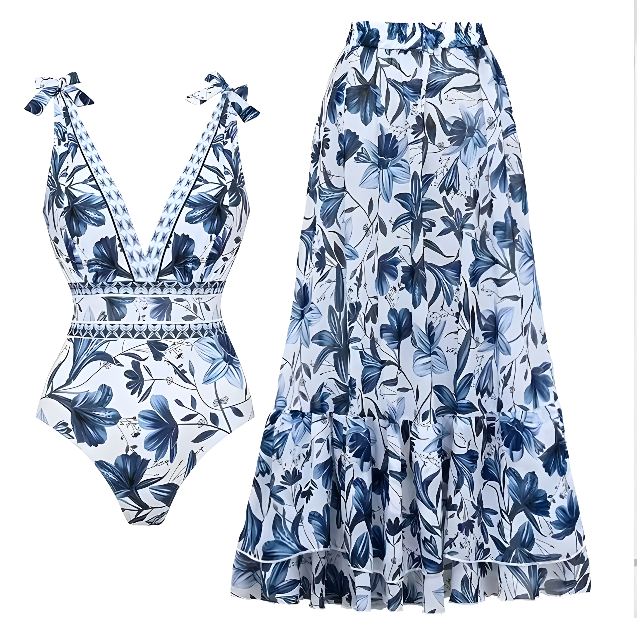Women's V Neck Lace Up Printed One-Piece Swimsuit and Skirt
