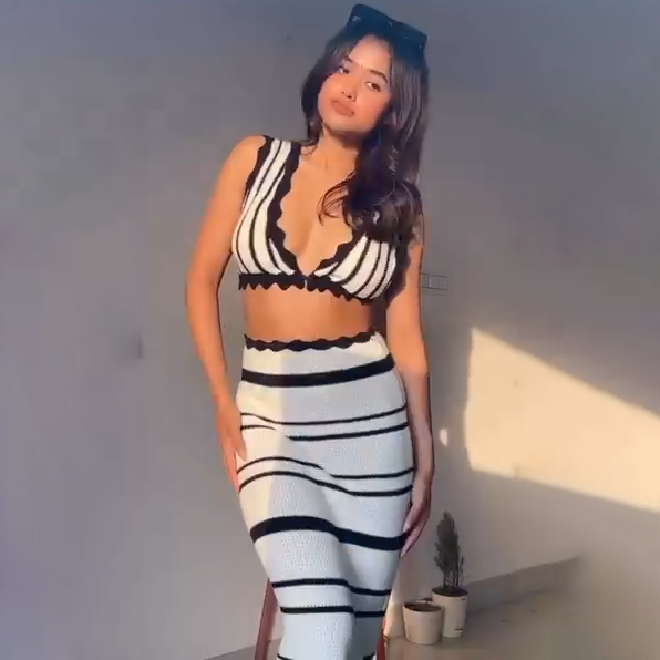 Lace Knit Striped Bikini Set with Skirt