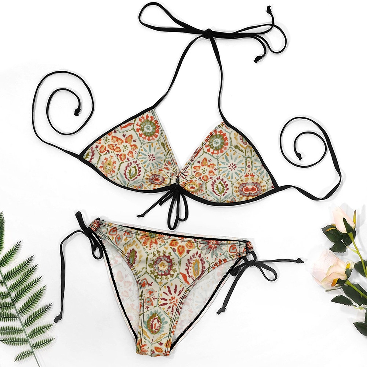 Retro Boho Halter Tie Bikini 3-Piece Set with Matching Sarong Skirt