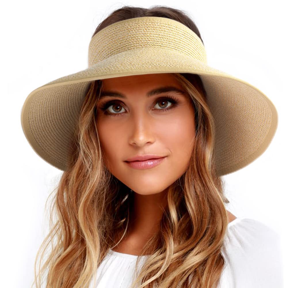 Straw Sun Visor With Wide Brim Open Top and Curved Edge Design Perfect for Beach Vacations