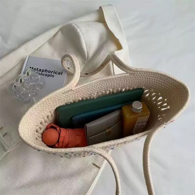Single-Shoulder Handwoven Cotton Rope Openwork Tote Bag with Large Capacity for Beach Use