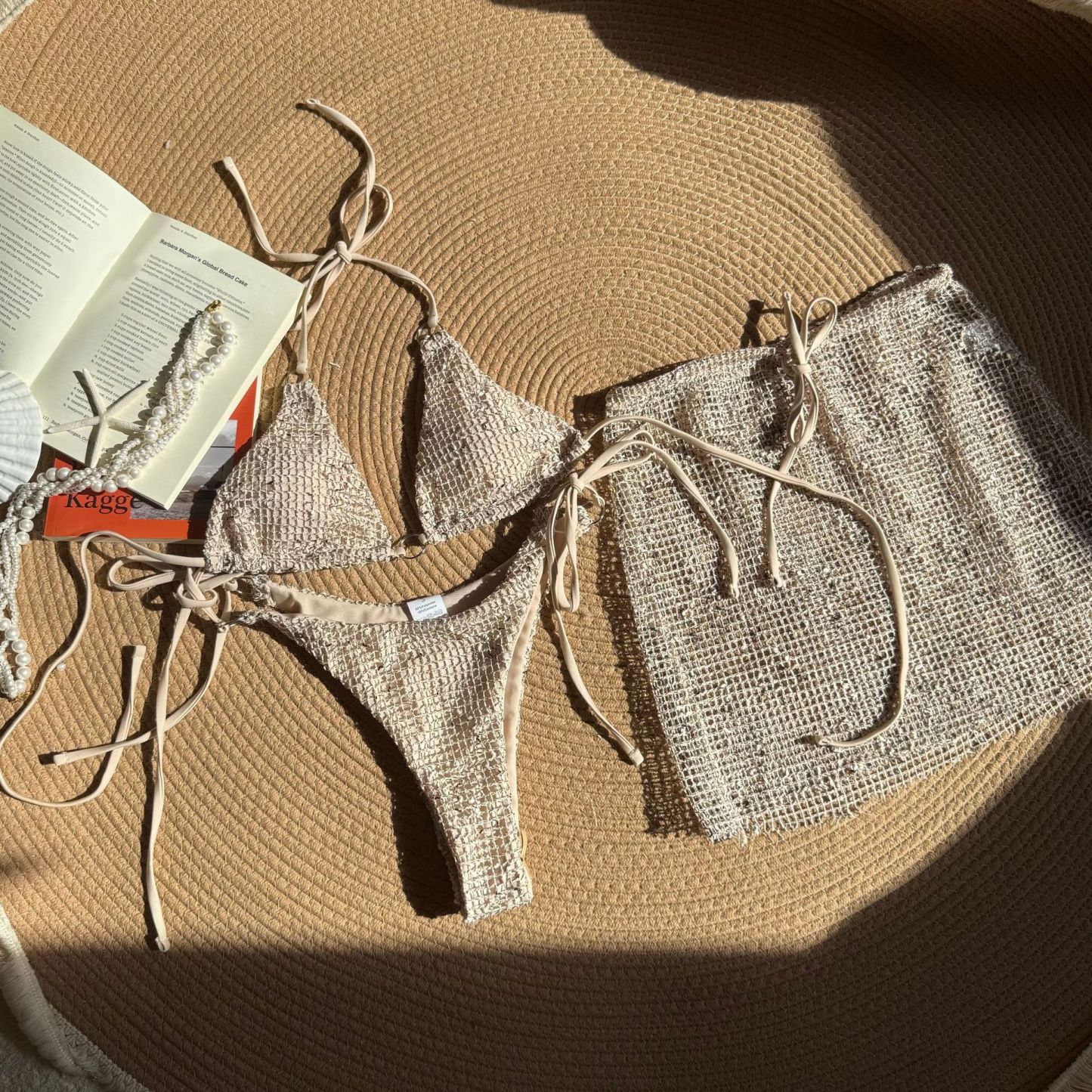 Sexy Halter Crochet Mesh Three Piece Bikini Swimsuit Featuring Matching Sequin Mesh Skirt