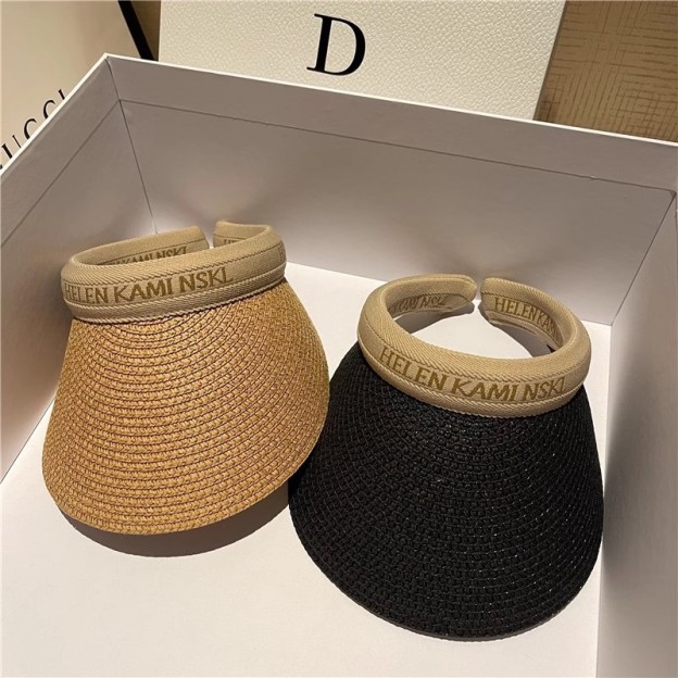 Straw Sun Visor With Wide Brim Open Top and Embroidered Band Suitable for Casual Summer Looks