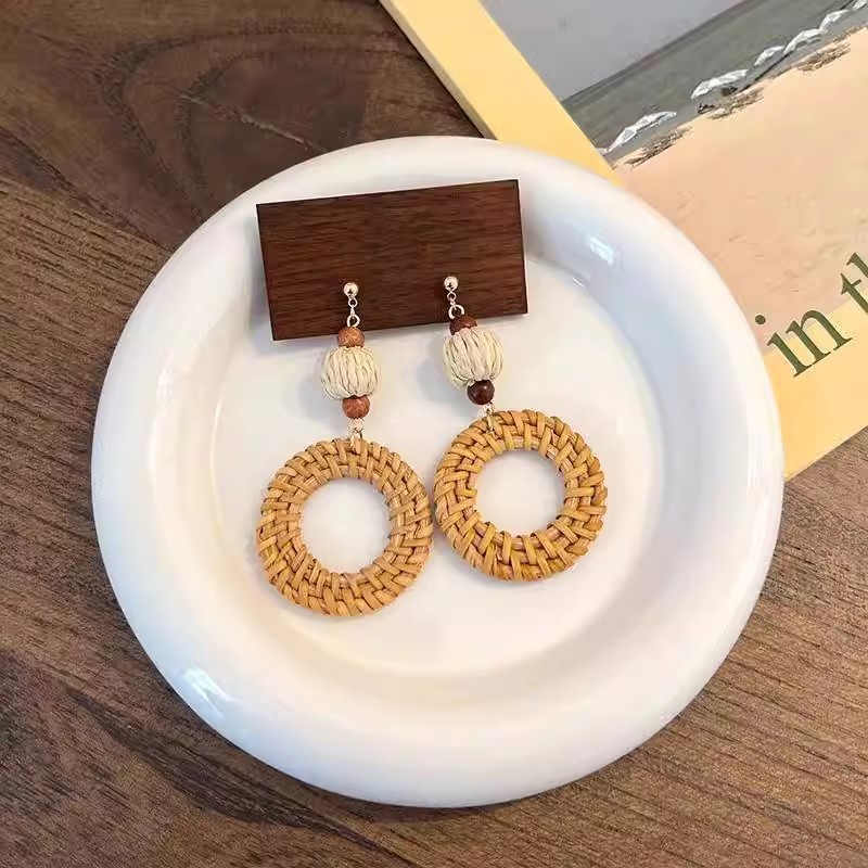 Handmade Woven Rattan Earrings in Hoop and Triangle Shapes Available in Clip-On and Stud Styles for Summer Outfits