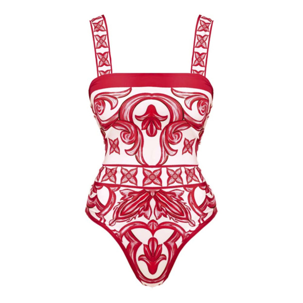 Ethnic-Inspired Printed One-Piece Swimsuit with Matching Skirt Set