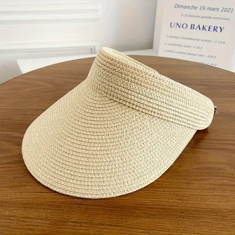 Straw Sun Visor With Wide Brim Open Top and Adjustable Strap Suitable for Summer Styling