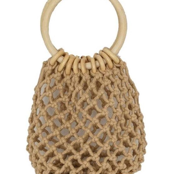 Mini Wooden Ring Cotton Rope Openwork Mesh Handbag Handwoven Straw Beach Tote