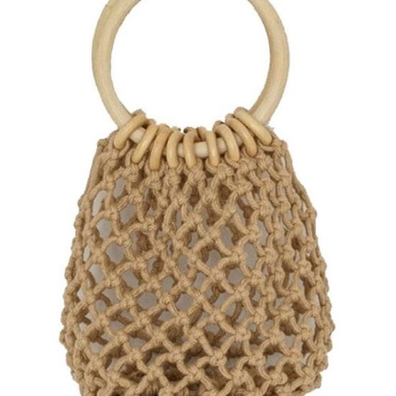 Mini Wooden Ring Cotton Rope Openwork Mesh Handbag Handwoven Straw Beach Tote