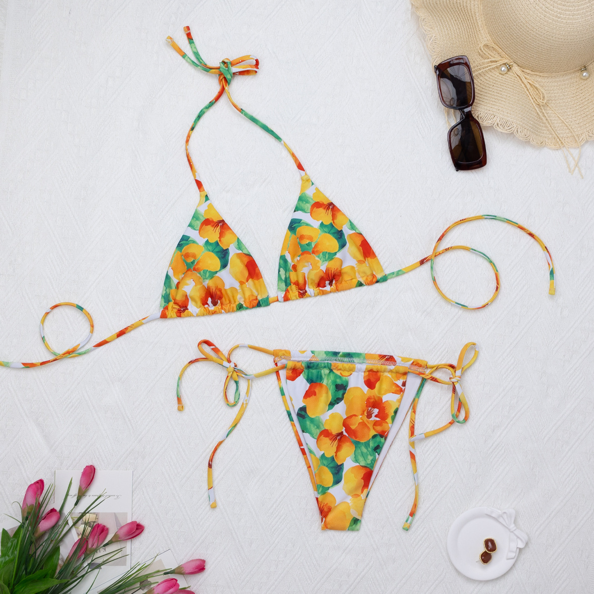 Floral Triangle Bikini Set Adjustable Neck Tie Side Tie Bottom