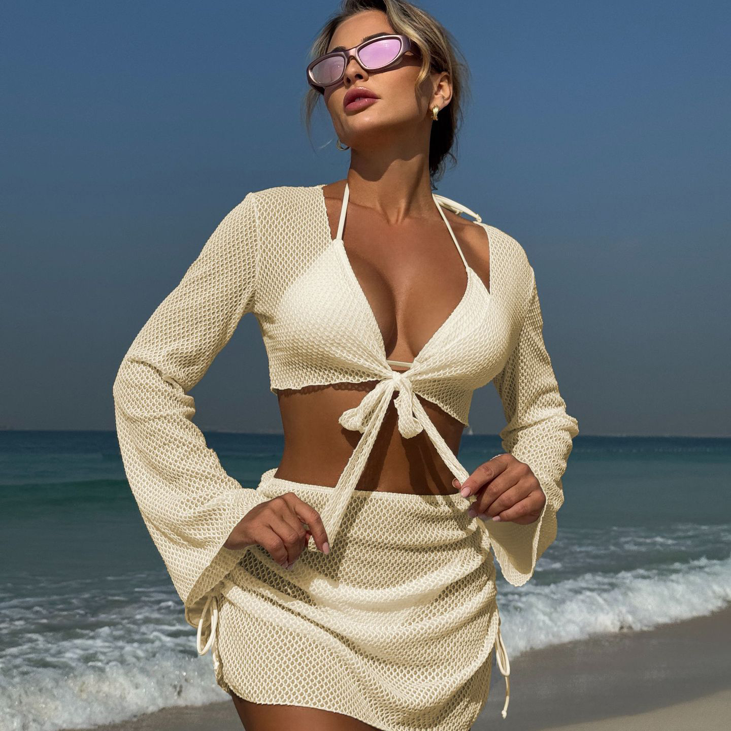 Sexy Halter Mesh Four Piece Bikini Swimsuit Including Sheer Cover Up and High Waist Mesh Skirt