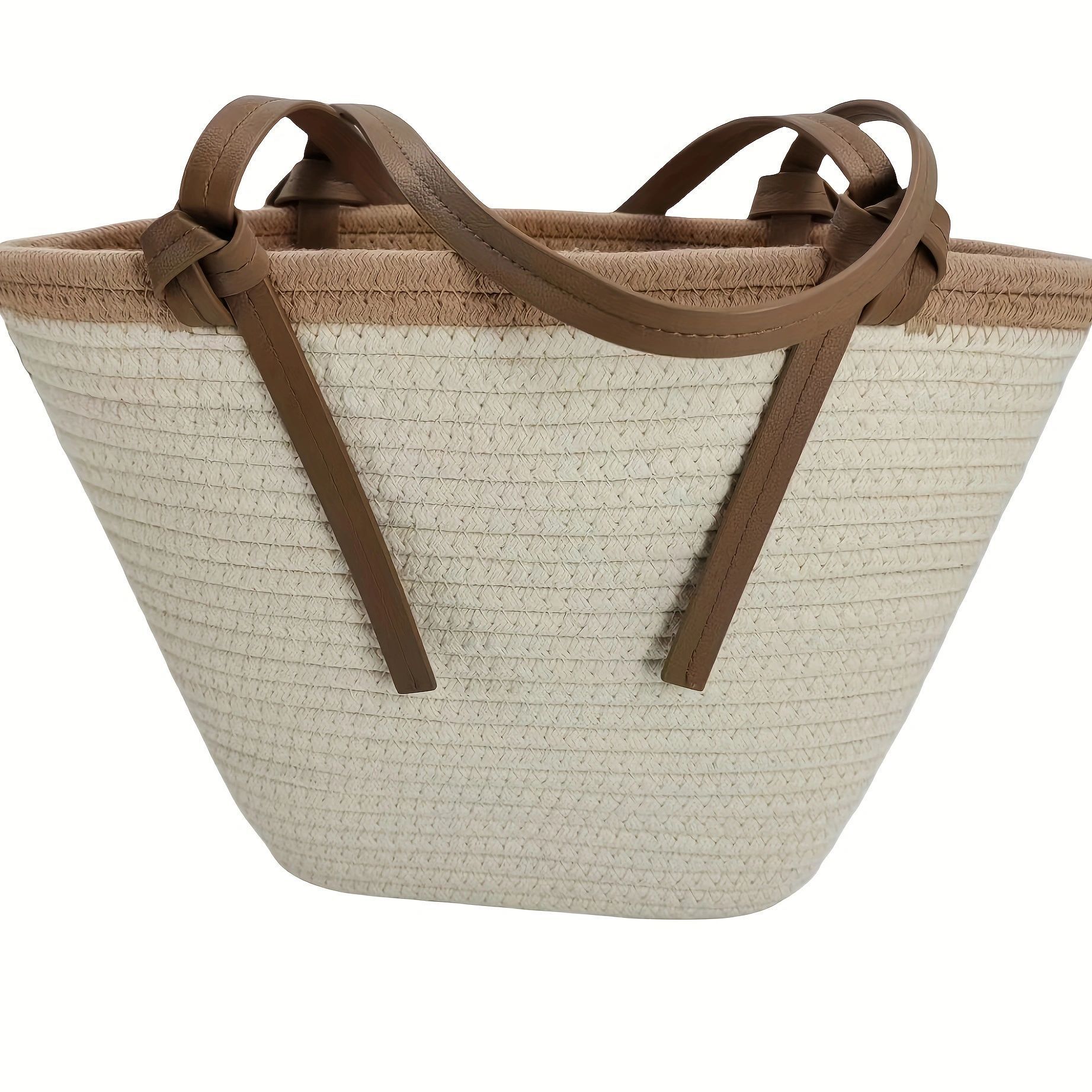 Versatile Straw-Woven Cotton Rope Tote Bag Large Capacity Vacation-Style Beach Bag