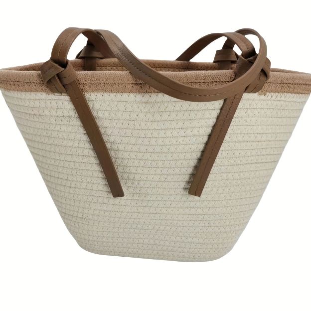 Versatile Straw-Woven Cotton Rope Tote Bag Large Capacity Vacation-Style Beach Bag