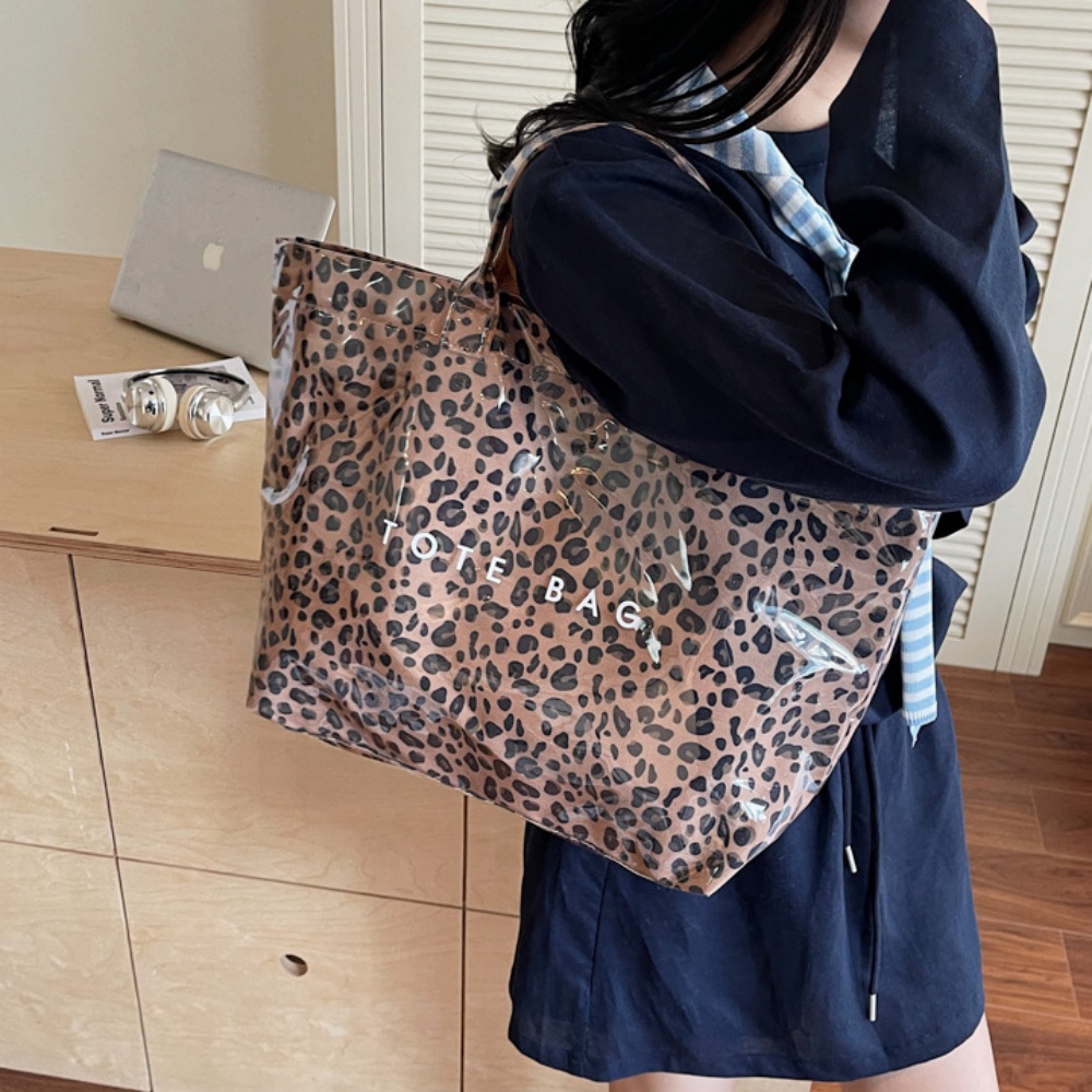 Large-Capacity Leopard-Print Tote Bag with Letter Print Beach Jelly Bag