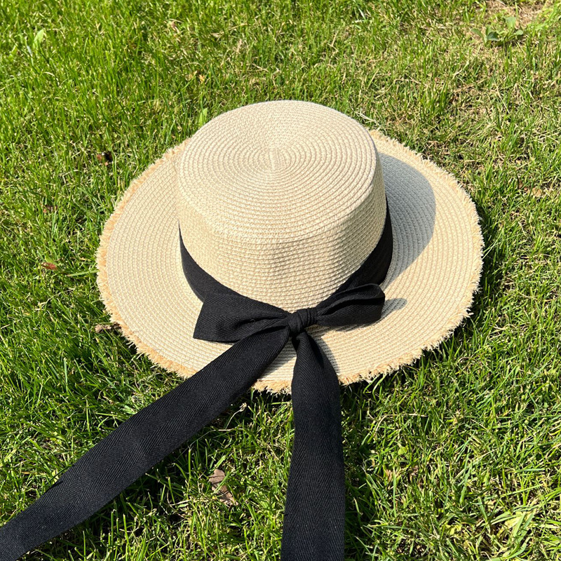 Straw Sun Hat With Wide Frayed Brim Round Crown and Bow Detail Perfect