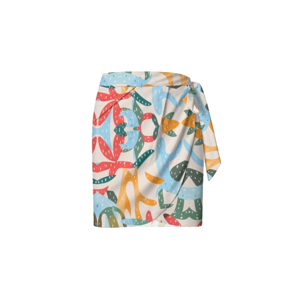 Colorful Abstract V-Neck Swimwear Set with Tie-On Mini Wrap Skirt