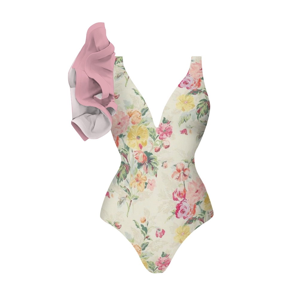 Women's Floral One-Piece Swimsuit with Ruffle Shoulder and Matching Sarong Beach Cover-Up