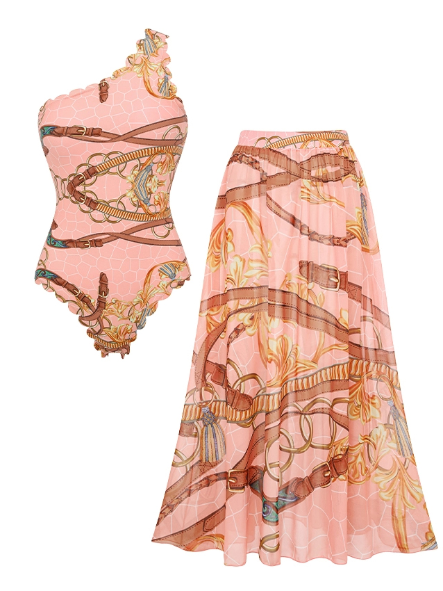 One Shoulder Lace Printed Swimsuit Set