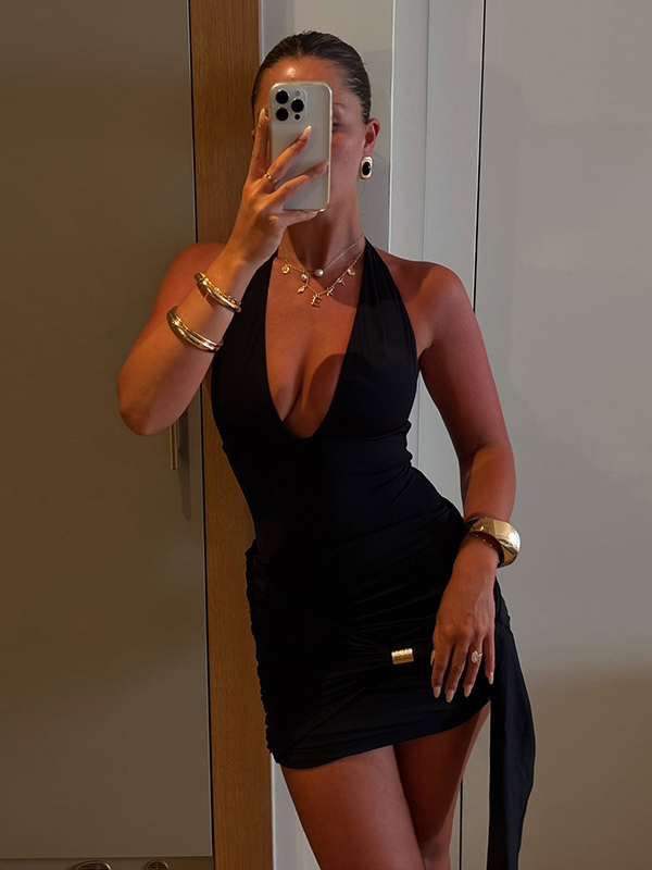 Halter Tie Strap Deep V Neck Backless One Piece Swimsuit With Matching Tie Wrap Mini Skirt