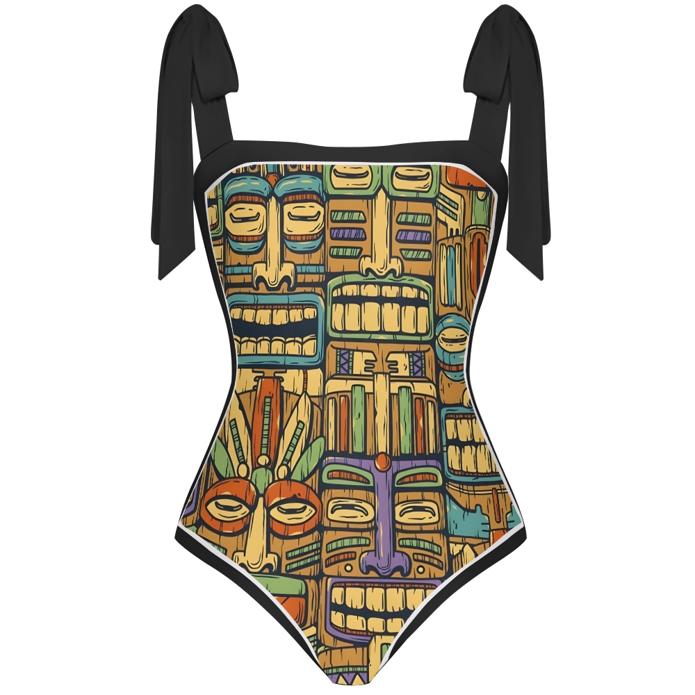 Boho Tribal Print One-Piece Swimsuit with Matching Sarong Skirt
