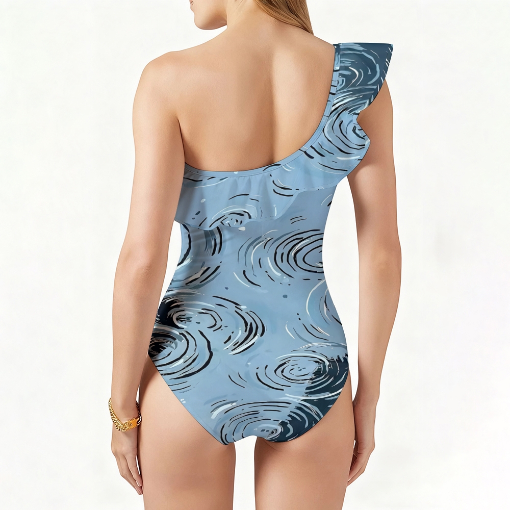 Women's One-Shoulder Artistic Water Ripple Print One-Piece Swimsuit with Skirt