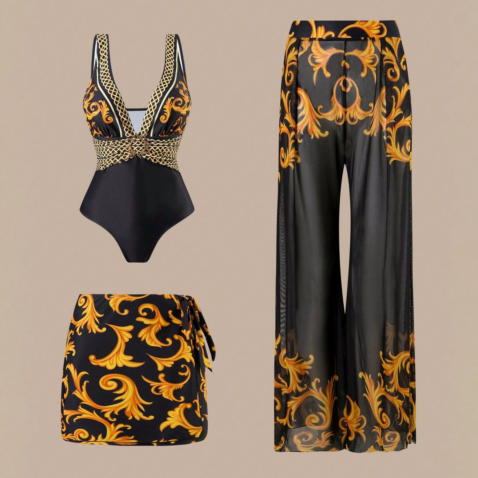 Artistic Blue Porcelain Print Swimsuit Ensemble - 3-Piece Vintage Romper with Tiered Skirt Cover-Up