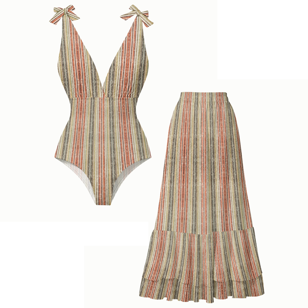 Vintage Multicolor Vertical Stripe Swimsuit with Ruffle Cover Up Skirt