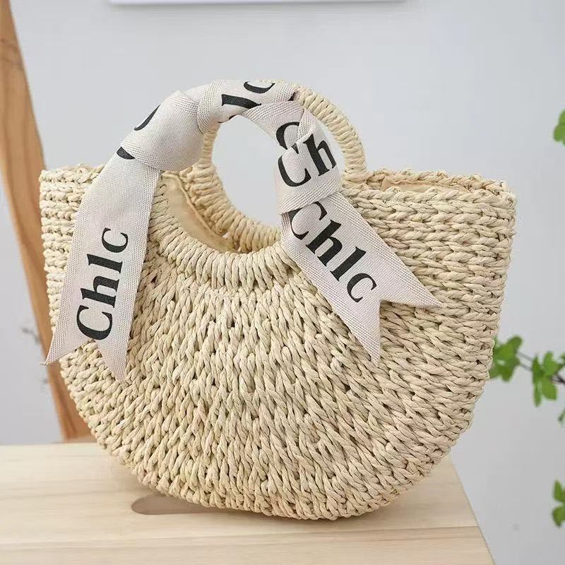 French-Style Woven Round Bean Tote Bag for Beach Vacations
