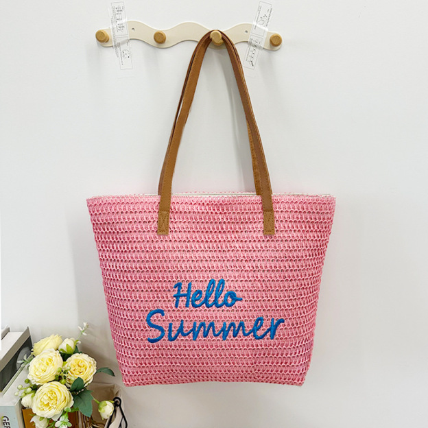 New PP Woven Letter Embroidered Tote Bag - Versatile Beach Vacation Shoulder Bag