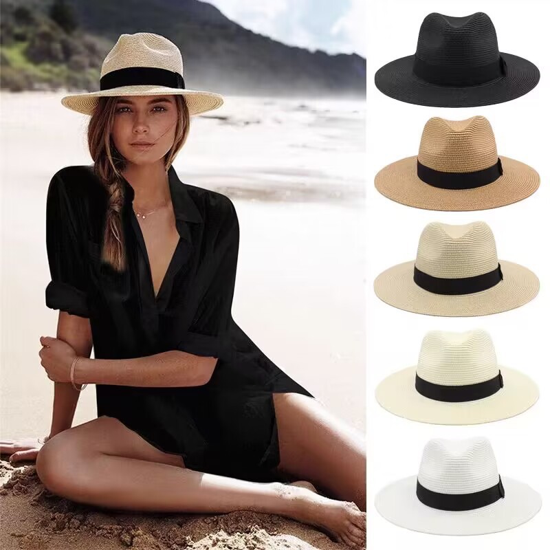 Straw Sun Hat With Wide Brim Flat Crown and Contrast Band Suitable for Vacation Styling